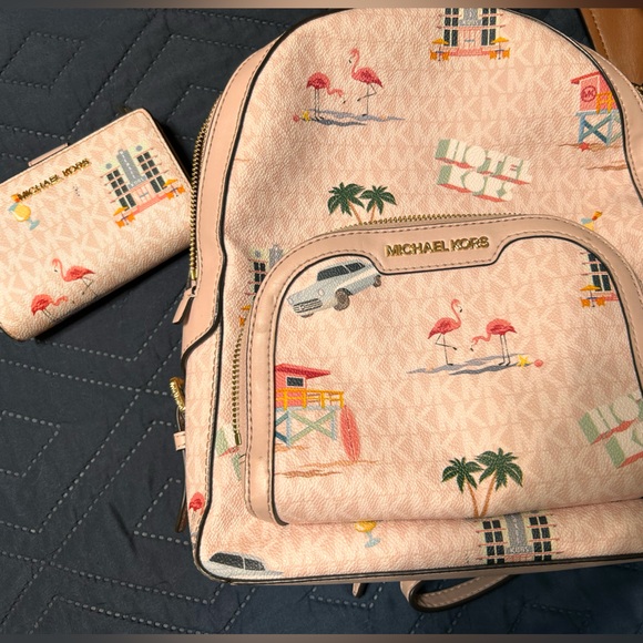 Michael Kors Flamingo and Palm Tree Pink Backpack - Picture 1 of 1